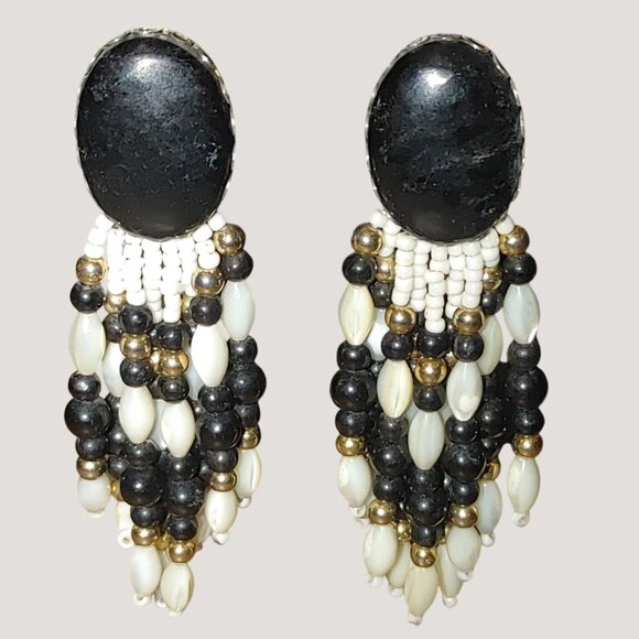 Vtg Clip On Earrings Southwestern Chandelier Stone Black MOP White Bead Dangle - Picture 1 of 11